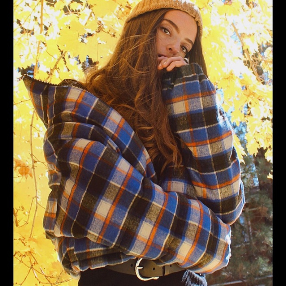 UO Check Print Wool Crop Puffer Jacket